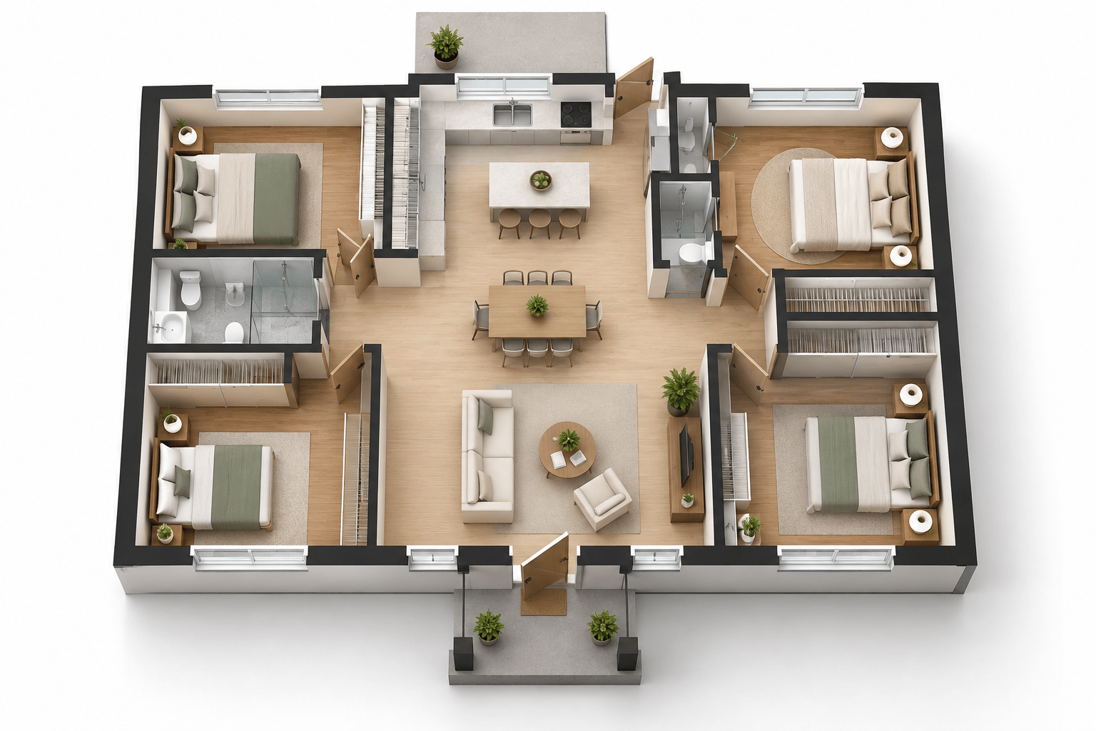 3D four-bedroom house floor plan with open living and dining areas