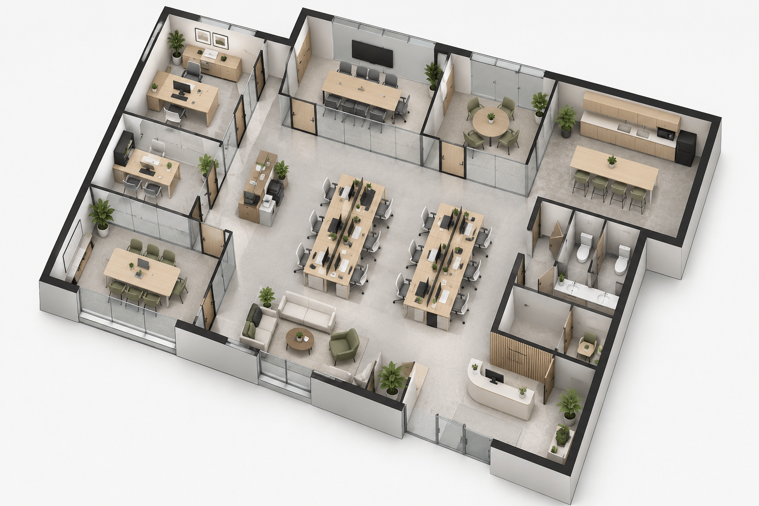3D office floor plan with workstations, meeting rooms, and reception