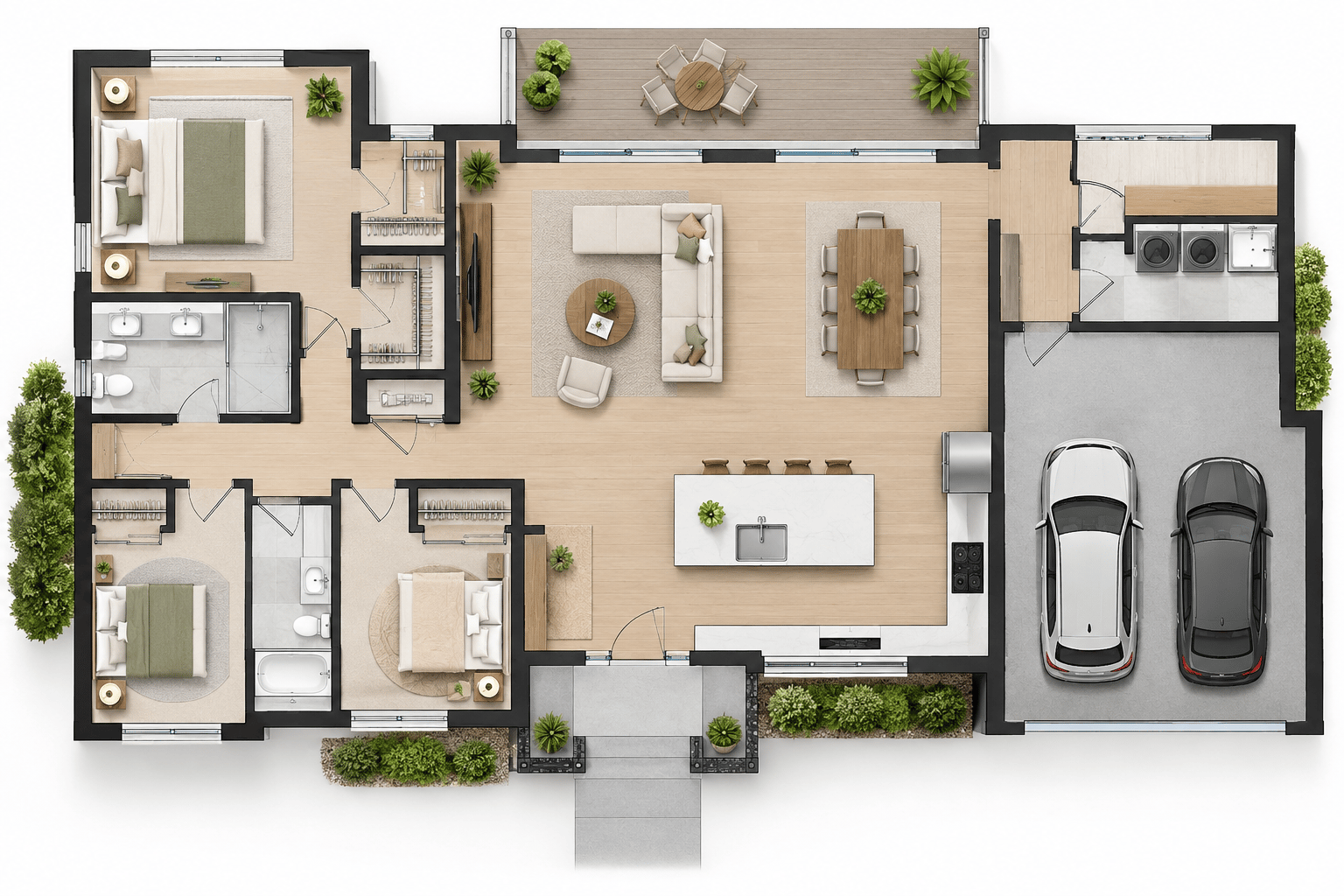 3D three-bedroom family house floor plan with a two-car garage