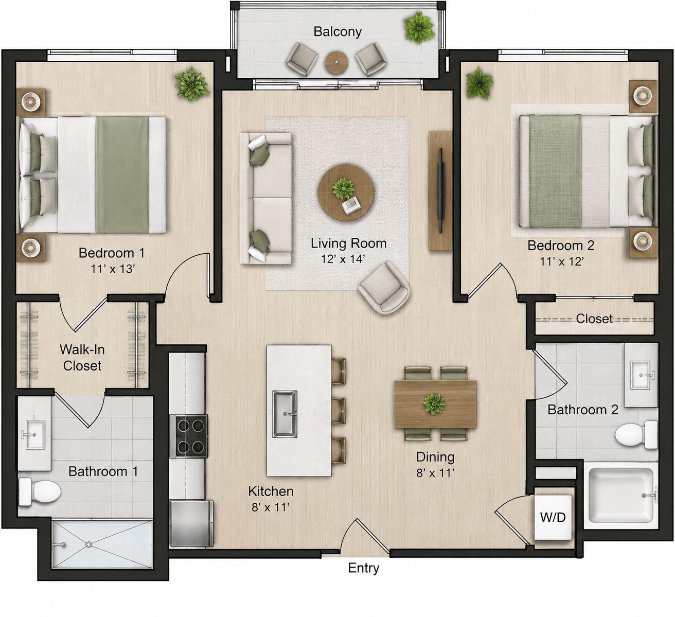 Furnished two-bedroom apartment floor plan with room labels