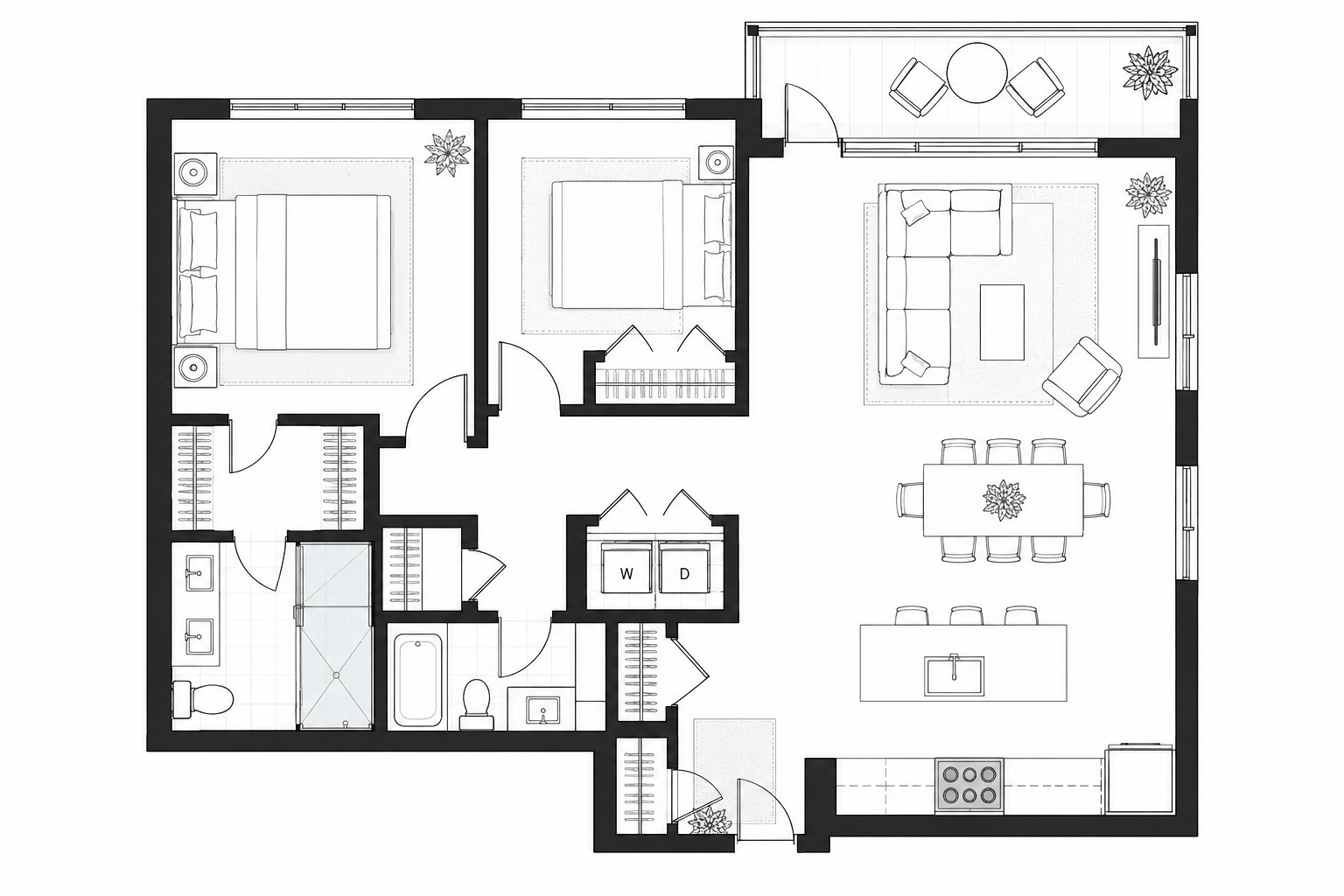 Black and white two-bedroom apartment floor plan drawing