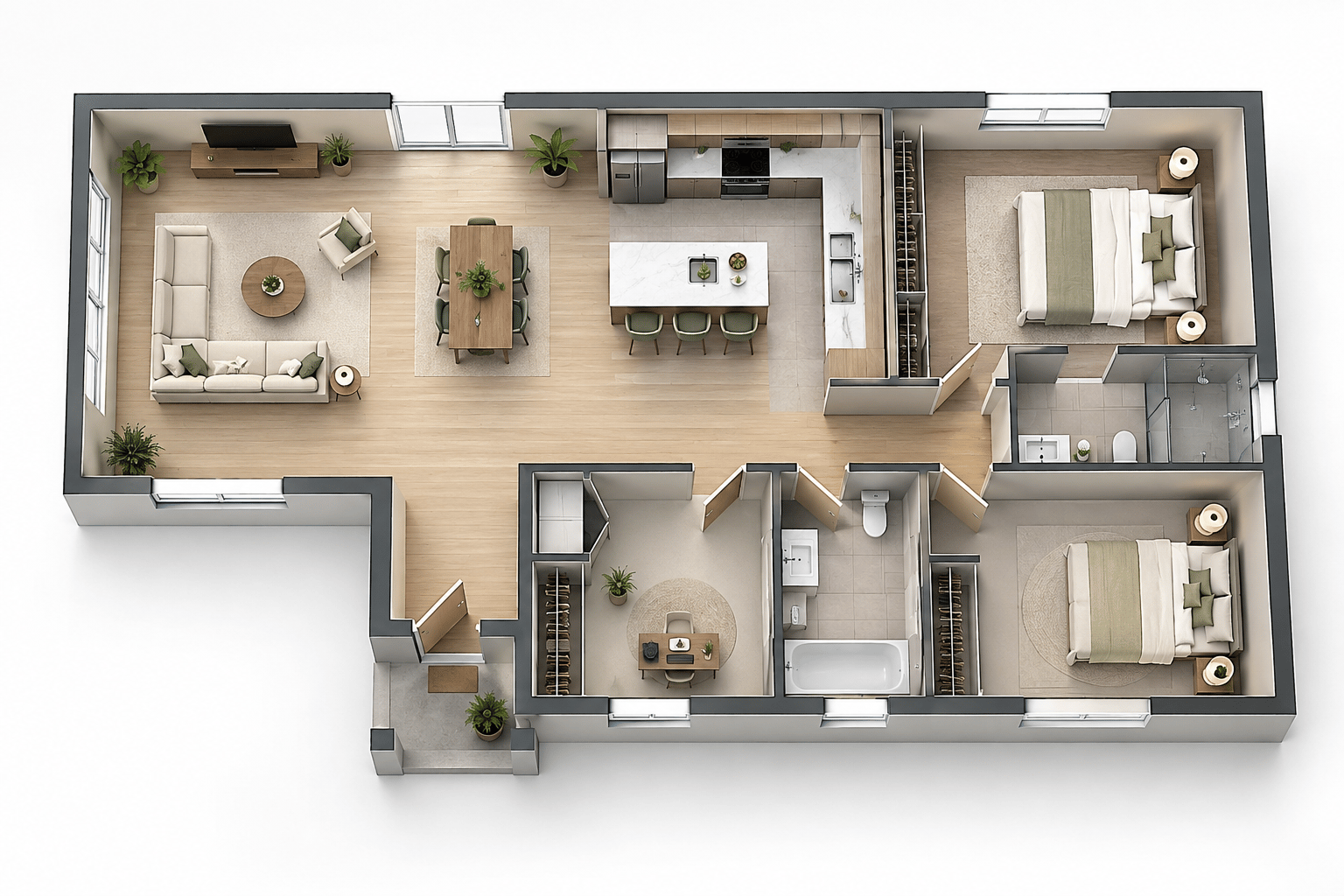 3D two-bedroom home floor plan with a dedicated office